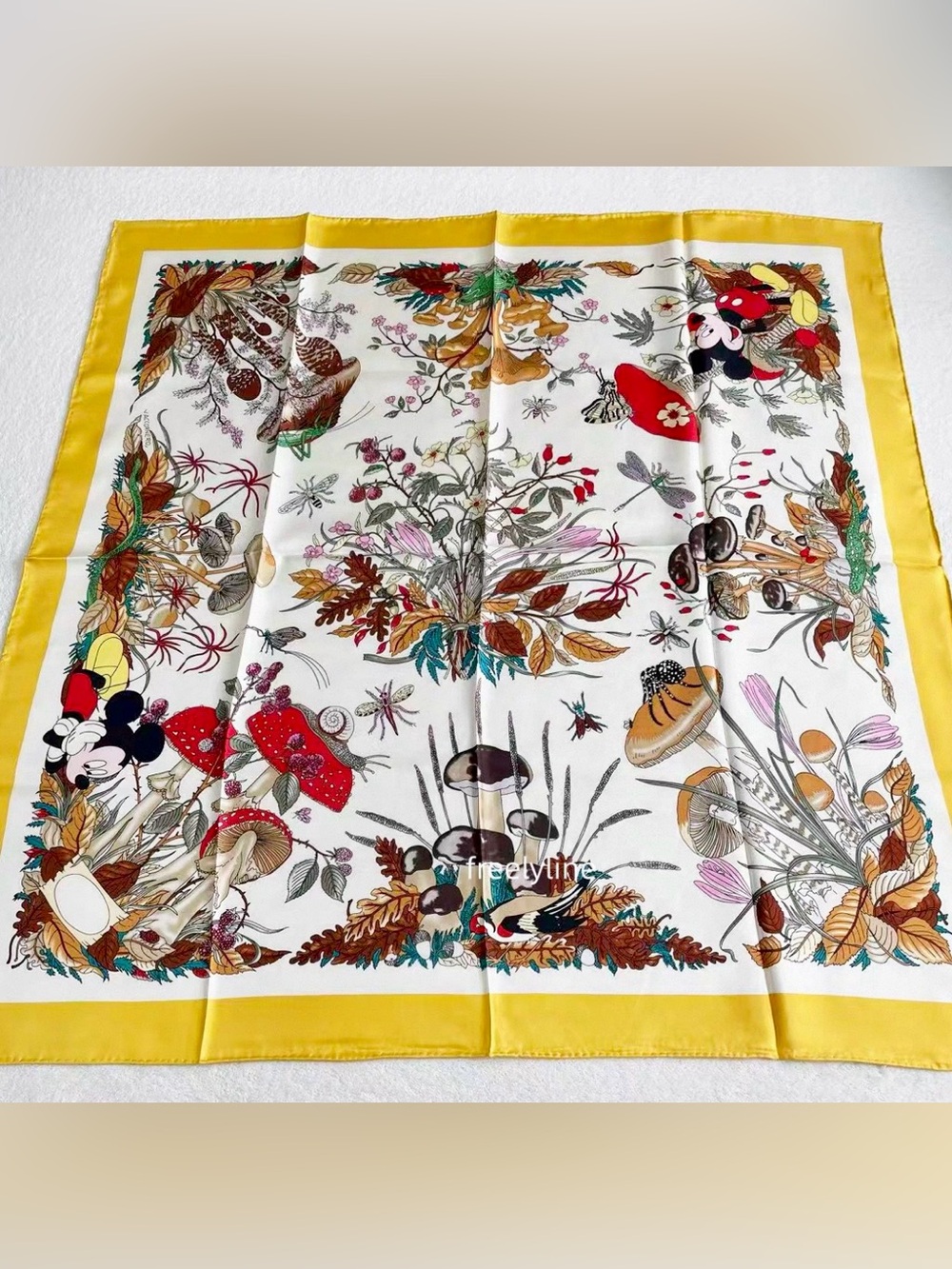 Floral & Mushroom Print Silk Scarf in Yellow Trim 100% silk. 90 x90cm，brand new